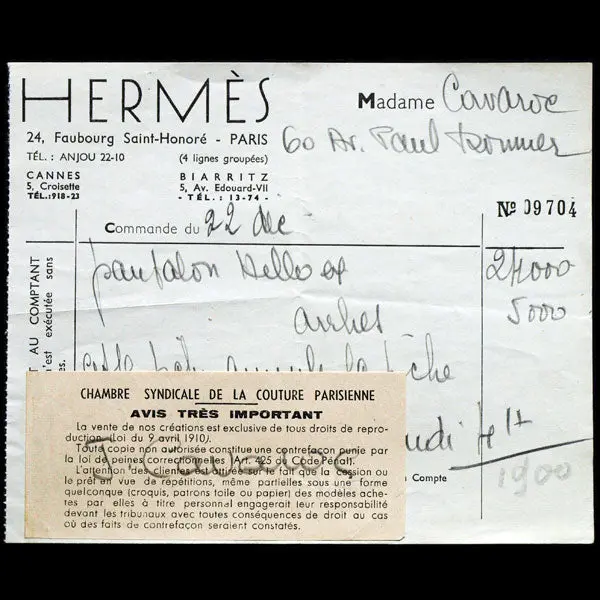 Hermès - Facture De La Maison Hermes, Circa 1930 1