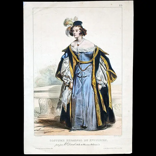 Achile Deveria - Costumes Historiques De Ville Ou De Théâtre, Planche N°5, Costume Espagnol Du Xvième Siècle (1831) 1