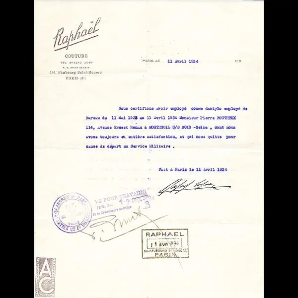 Raphael - Certificat De Travail De La Maison Raphael (1934) 1