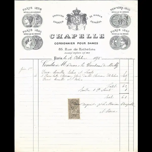 Facture De La Maison Chapelle, Cordonnier Pour Dames, 85 Rue De Richelieu À Paris (1895) 1