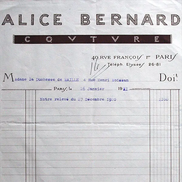 Facture De La Maison Alice Bernard, 40 Rue François Ier À Paris (1921) 2