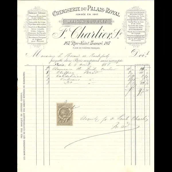 Facture De La Maison Doublet, Chemiserie Du Palais Royal, 167 Rue Saint-Honoré À Paris (1888) 1