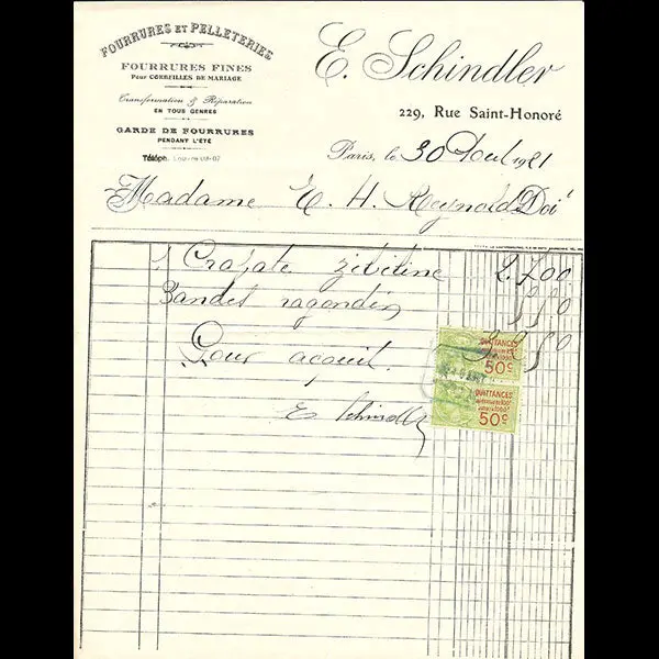 Facture D'e. Schindler, 229 Rue Saint-Honoré À Paris (1921) 1