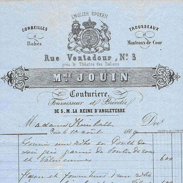 Mme Jouin - Facture De La Maison De Couture, Corbeilles, Trousseaux, Robes Et Manteaux De Cour 3 Rue Ventadour À Paris (1869) 2