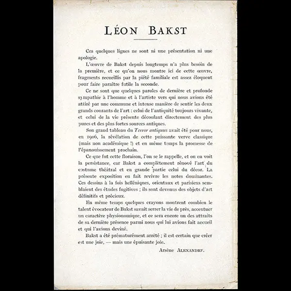 Léon Bakst, Exposition De Ses Oeuvres, Hôtel Jean Charpentier, Paris, Du 5 Au 19 Novembre 1925 2