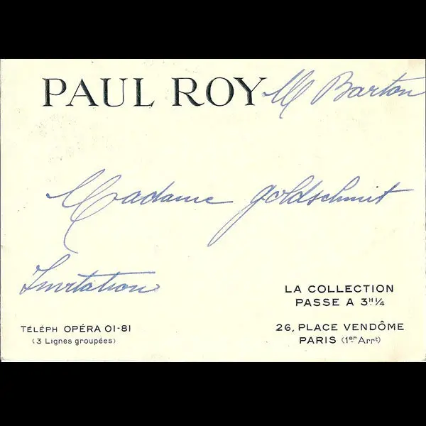 Carton D'invitation De La Maison Paul Roy, 26 Place Vendôme À Paris (Circa 1937-1940) 1