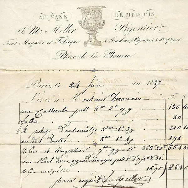 Au Vase De Médicis - Facture Du Bijoutier J. M. Meller, Place De La Bourse À Paris (1827) 2
