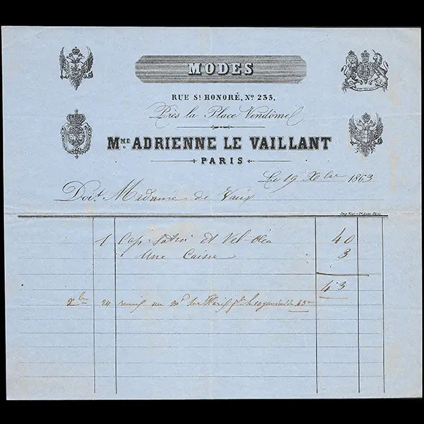 Madame Adrienne Le Vaillant, Facture De La Maison De Modes, 233 Rue Saint-Honoré À Paris (1863) 1