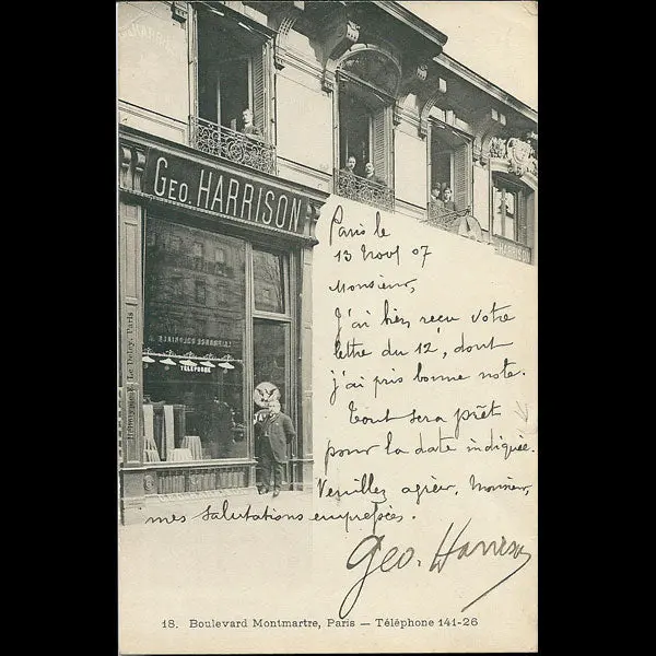 Carte Autographe Du Tailleur Géo Harrison, 18 Boulevard Montmartre À Paris (1907) 1