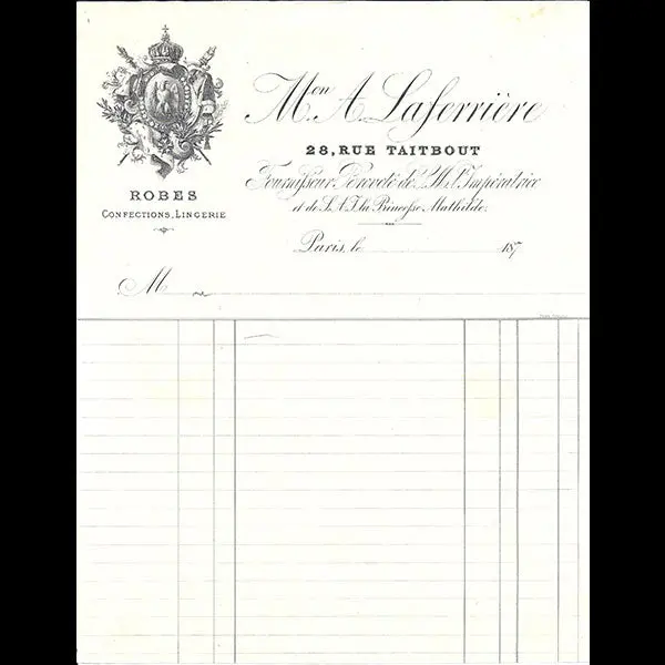 Facture De La Maison A. Laferrière, Robes, Confections, Lingerie, 28 Rue Taitbout À Paris (Circa 1870) 1