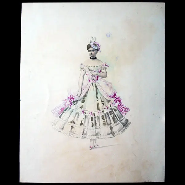 Projet De Robe De Bal, Dessin À L'aquarelle D'un Dessinateur En Costumes Et Robes (Circa 1860-1870) 1