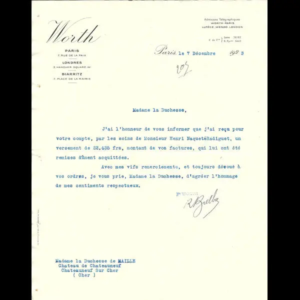 Worth - Courrier Relatif À Une Facture, 7 Rue De La Paix, Paris (1923) 1