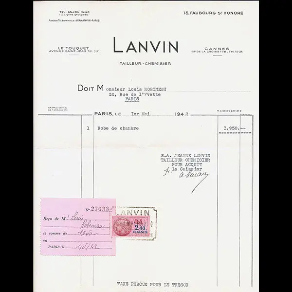 Facture De La Maison Lanvin Tailleur Chemisier, 15 Faubourg Saint-Honoré À Paris (1942) 1