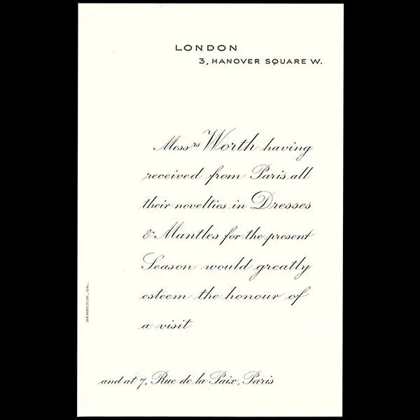 Worth - Invitation De La Maison Worth, 3 Hannover Square À Londres (Circa 1913) 1