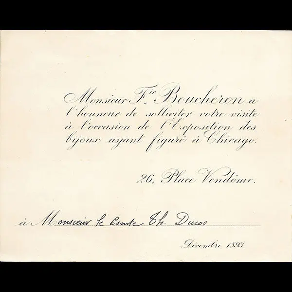 Boucheron - Carton D'invitation À L'exposition Des Bijoux Présentés À Chicago (1893) 1