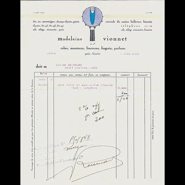 Vionnet - Facture, 50 Avenue Montaigne À Paris (8 Juin 1928) 1