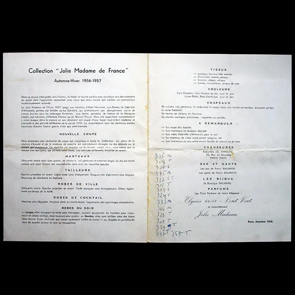 Balmain, Programme De Défilé, Collection Jolie Madame De France De L'automne-Hiver 1956-1957 2