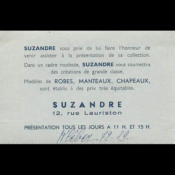 Carton D'invitation De La Maison Suzandre, 12 Rue Lauriston À Paris (Circa 1935) 1