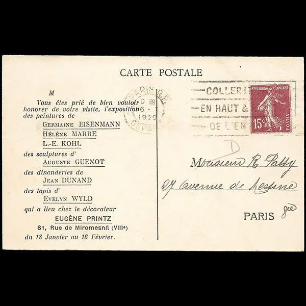 Printz - Carte D'invitation À L'exposition D'artistes Au 81 Rue De Miromesnil À Paris (1929) 2