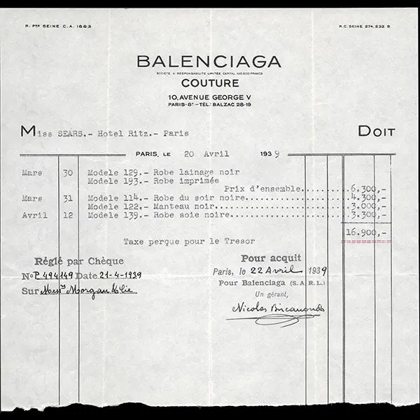 Balenciaga - Facture De La Maison De Couture 10 Avenue George V À Paris (1939) 1