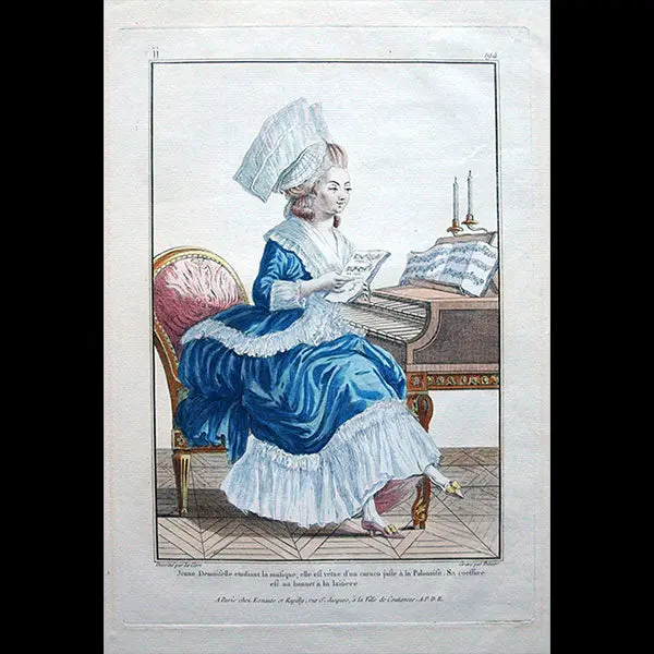 Gallerie Des Modes Et Costumes Français, 1778-1787, Gravure N° Jj 194, Jeune Demoiselle Étudiant La Musique (1780) 1
