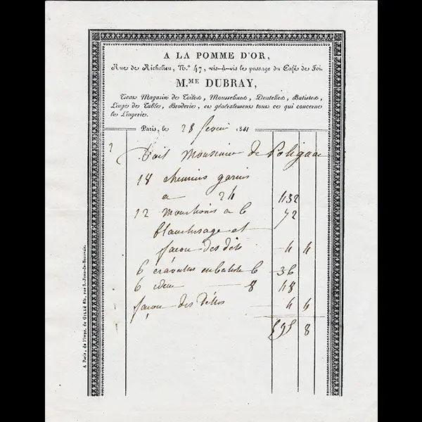 Facture Du Magasin De Toiles A La Pomme D'or, Rue De Richelieu À Paris (1811) 1