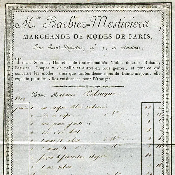 Facture De Mme Barbier-Mestiviera, Marchande De Modes De Paris, Rue Saint-Nicolas, N°7, À Nantes (1809) 2