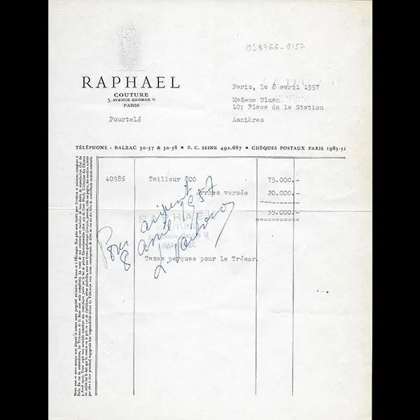Raphael - Facture De La Maison Raphael, 3 Avenue George V À Paris (1951) 1
