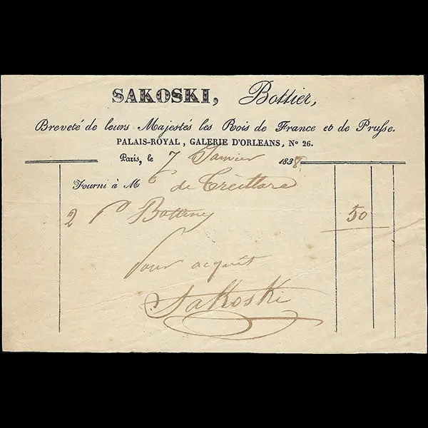 Sakoski - Facture Du Bottier, 26 Galerie D'orléans Au Palais Royal À Paris (1838) 1