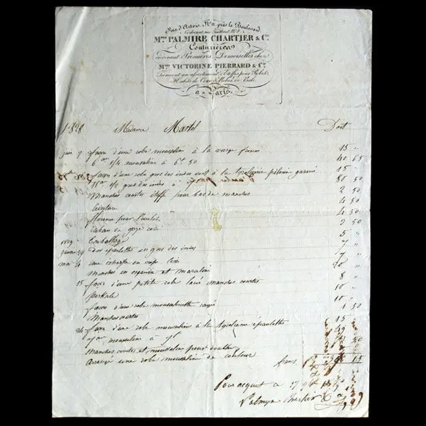 Facture De Mmes Palmire, Chartier Et Cie, Couturières, 11 Rue D'artois À Paris (1828) 1