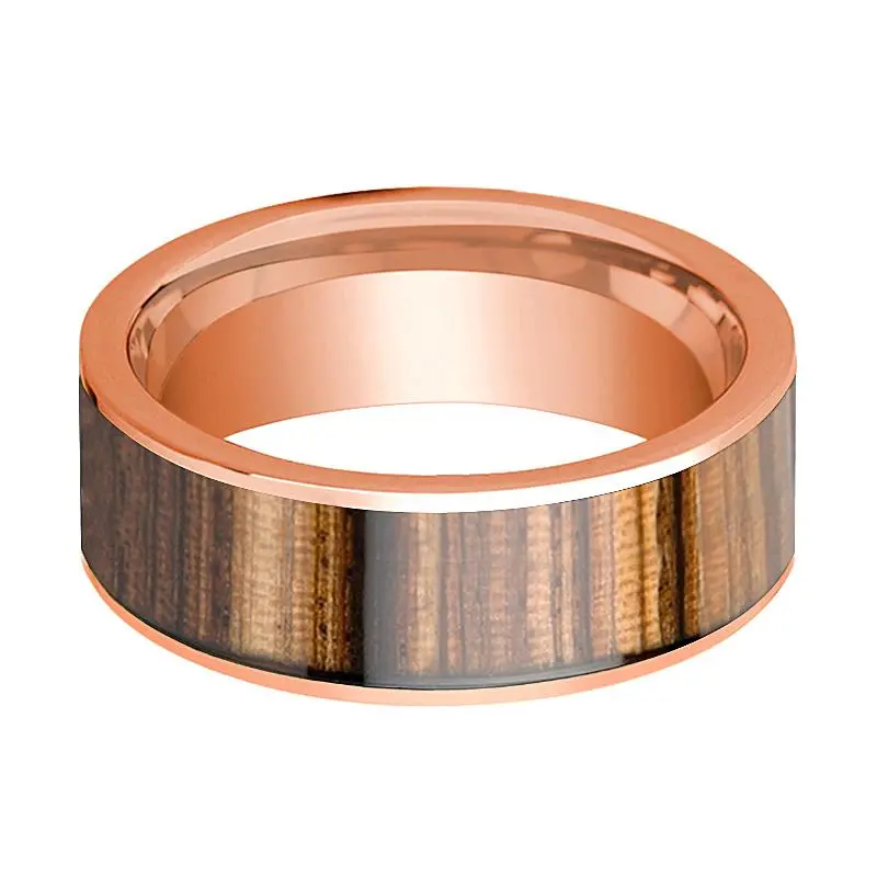 14K Rose Gold Men's Wedding Band With Zebra Wood Inlay Flat Polished - 8Mm 2