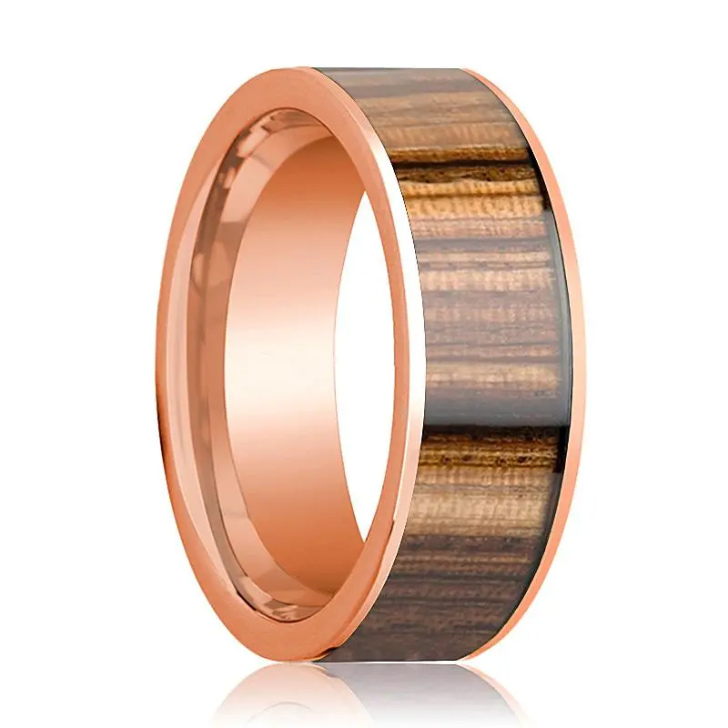 14K Rose Gold Men's Wedding Band With Zebra Wood Inlay Flat Polished - 8Mm 1