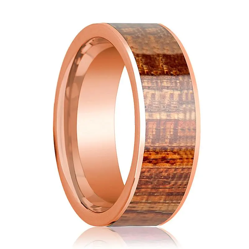 14K Rose Gold Polished Flat Mahogany Wood Inlay Ring For Men 1