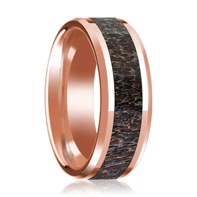 14K Rose Gold Polished Wedding Band With Dark Deer Antler Inlay & Beveled Edges 1