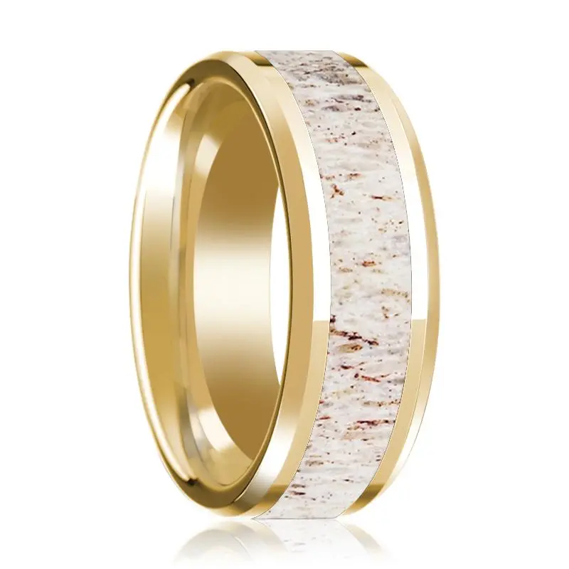 14K Yellow Gold Polished Wedding Band With White Deer Antler Inlay & Beveled Edges - 8Mm 1