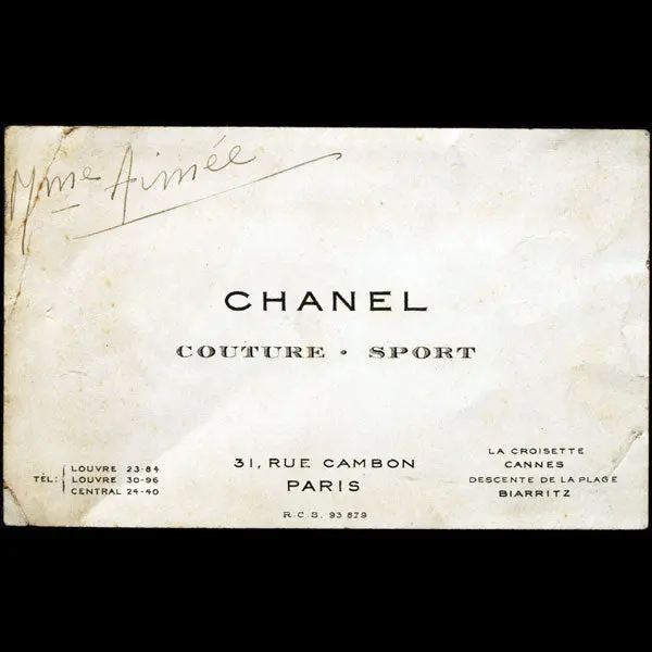 Carte De Visite De La Maison Chanel, Couture Sport, 31 Rue Cambon (Circa 1920) 1
