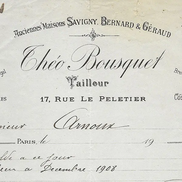 Théo Bousquet - Facture Du Tailleur, 17 Rue Le Peletier À Paris (1909) 2