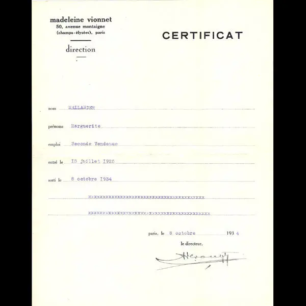 Vionnet - Certificat De Travail (1934) 1