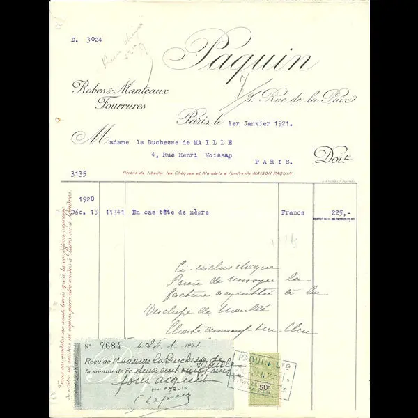 Facture De La Maison Paquin, 3 Rue De La Paix (1920) 1