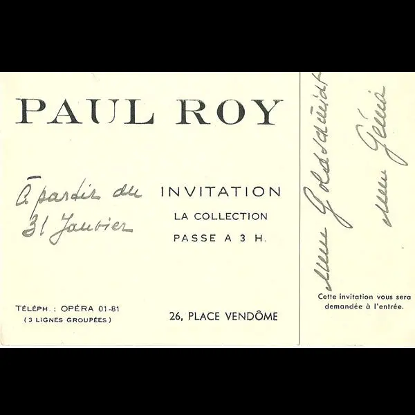Carton D'invitation De La Maison Paul Roy, 26 Place Vendôme À Paris (Circa 1937-1940) 1