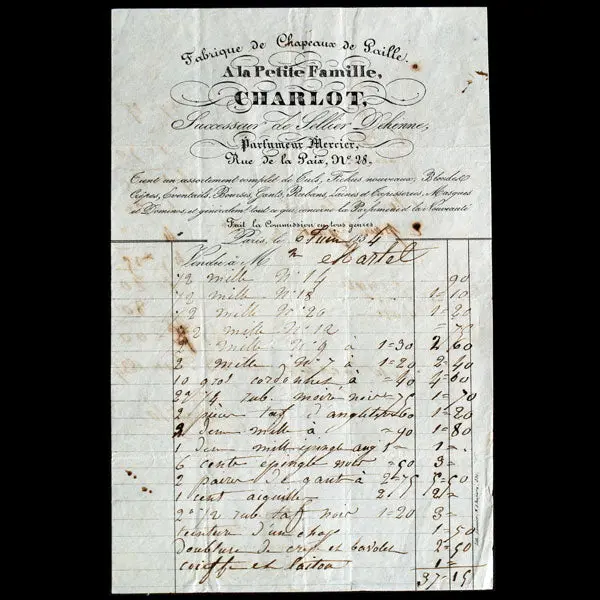 Facture De La Fabrique De Chapeaux De Paille, A La Petite Famille Charlot, 28 Rue De La Paix À Paris (1834) 1