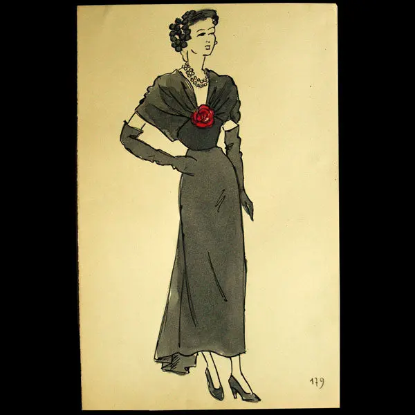 Balenciaga - Robe De Lainage Noir, Ensemble De 2 Dessins D'un Modèle De La Maison Balenciaga Pour L'hiver 1948-1949 1
