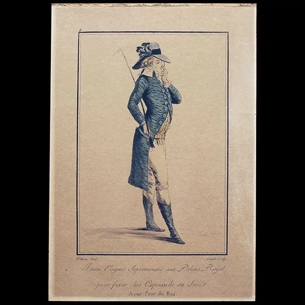 Cris Et Costumes De Paris, Gravure N°4, Jeune Elegant Se Promenant Aux Palais Royal Pour Fixer Les Caprices De Sa Soirée Par Watteau En 1786, Copie Postérieure Du Xixème Siècle 1