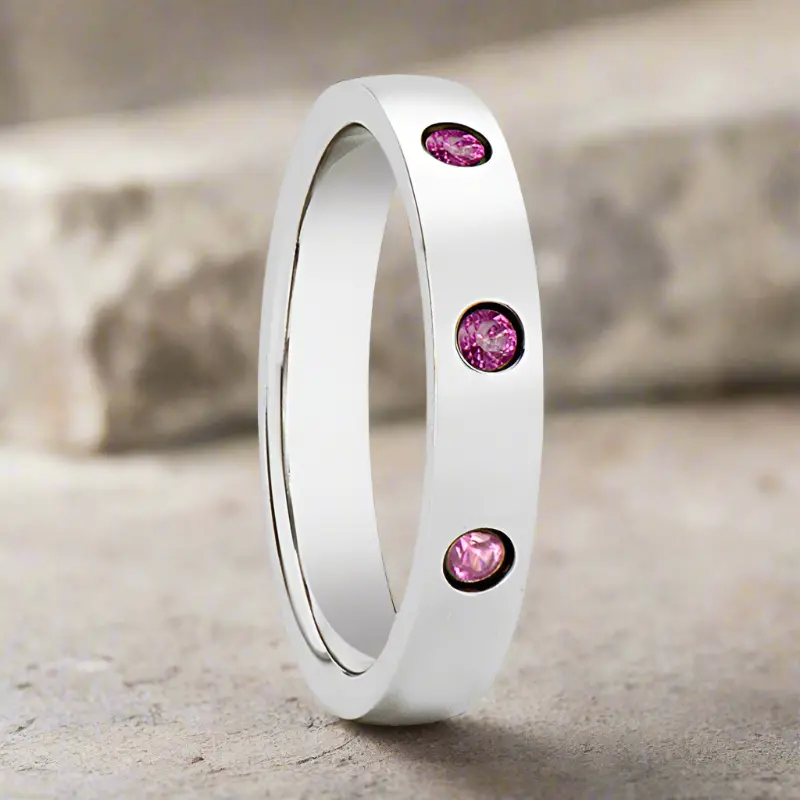 Diana | Womens Tungsten Ring, 3 Pink Sapphires, Domed 3