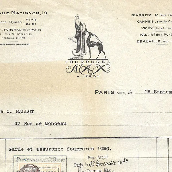 Fourrures Max - Facture De La Maison De Fourrures Illustrée Par Bénito, 19 Avenue Matignon À Paris (1930) 2