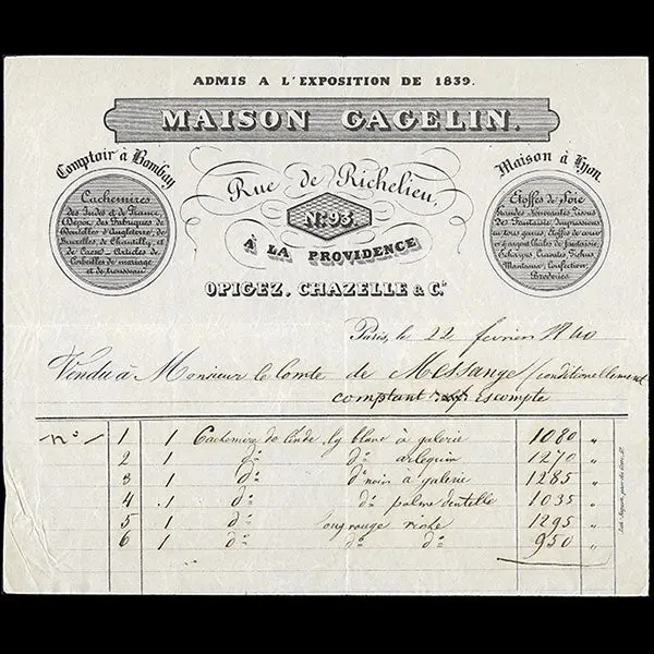 Facture De La Maison Gagelin, Opigez, Chazelle Et Cie, A La Providence, Rue De Richelieu, Paris (1840) 1