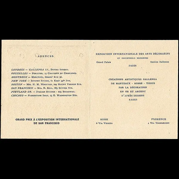 Gallenga - Carte De La Maison De Couture Pour L'exposition Des Arts Décoratifs (1925) 2