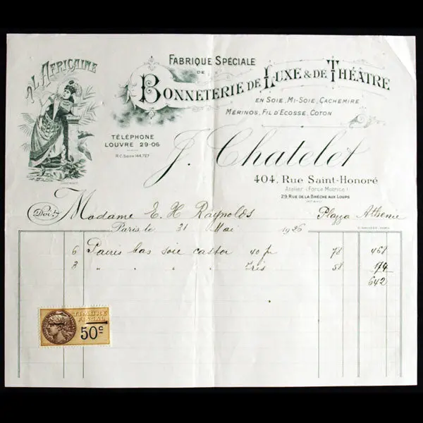 Facture De La Bonneterie De Luxe Et De Théâtre A L'africaine, 404 Rue Saint-Honoré À Paris 1