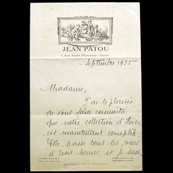 Lettre De La Maison Jean Patou Annonçant La Nouvelle Collection Pour L'hiver 1935 1