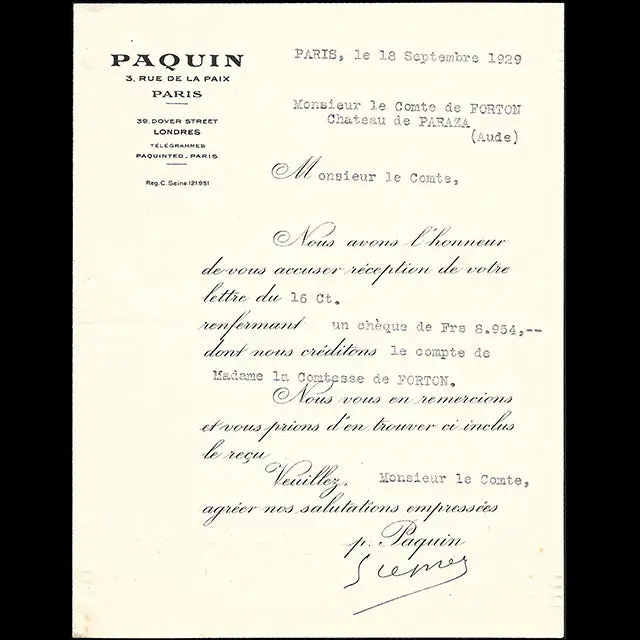 Paquin - Reçu De La Maison De Couture, 3 Rue De La Paix (1928) 1